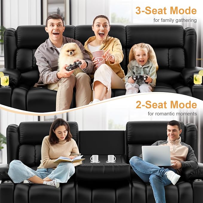 Dresegmt Loveseat Recliner Sofa, Flip Middle Backrest Design PU Leather 3 Seat Reclining Sofa with Storage Drawer, Manual Couch for Living Room/RV (Black, PU)