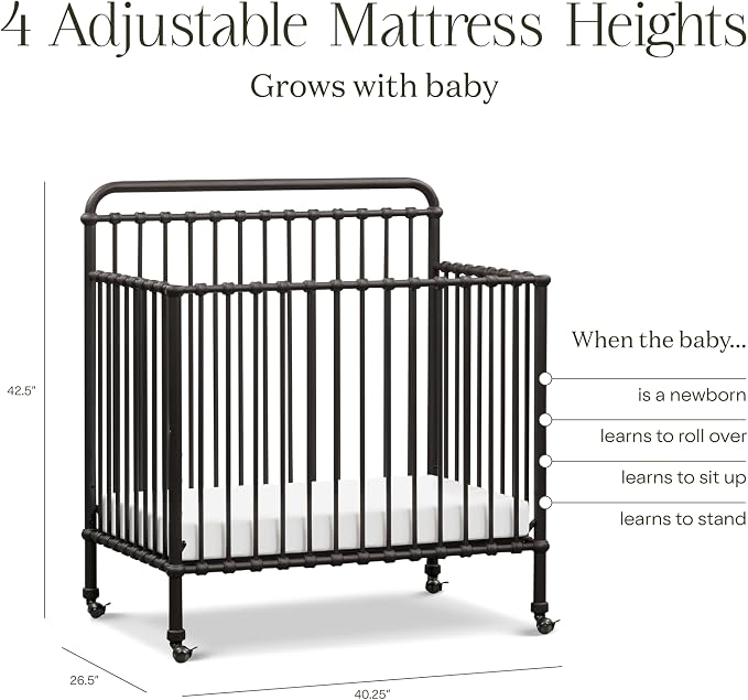 Namesake Winston 4-in-1 Convertible Mini Crib w/Wheels Durable Metal | GREENGUARD Gold Certified - Portable, Metal Baby Crib w/ Removable Wheels - Converts to Toddler Bed, Daybed & Twin Size Bed