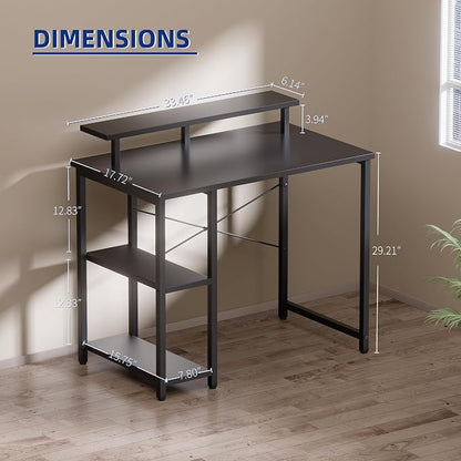 Pamray 33.5 Inch Small Computer Desk with Monitor Stand and Shelves | Sturdy, Space-Saving, Easy Assemblely, Suitable for Bedroom, Office, Apartment and Dorm, Used for Writing and Studying