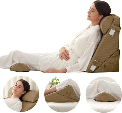 Adjustable 4pcs Bed Wedge Pillow Set, Memory Foam Wedges Pillow Post Surgery for Back, Neck, Leg Pain Relief, Pillows Wedge for Sleeping, Sitting up in Bed, Acid Reflux and GERD, Brown
