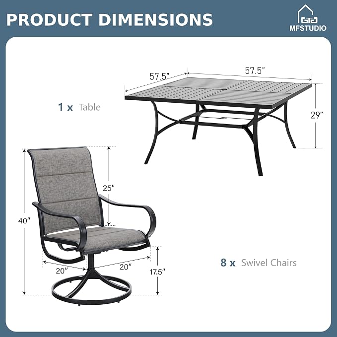MFSTUDIO Patio Table and Chairs Set, Patio Dining Set for 8 with Umbrella Hole, 9 Piece Outdoor Patio Furniture Set for Deck Backyard Poolside Garden