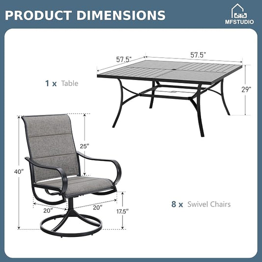 MFSTUDIO Patio Table and Chairs Set, Patio Dining Set for 8 with Umbrella Hole, 9 Piece Outdoor Patio Furniture Set for Deck Backyard Poolside Garden
