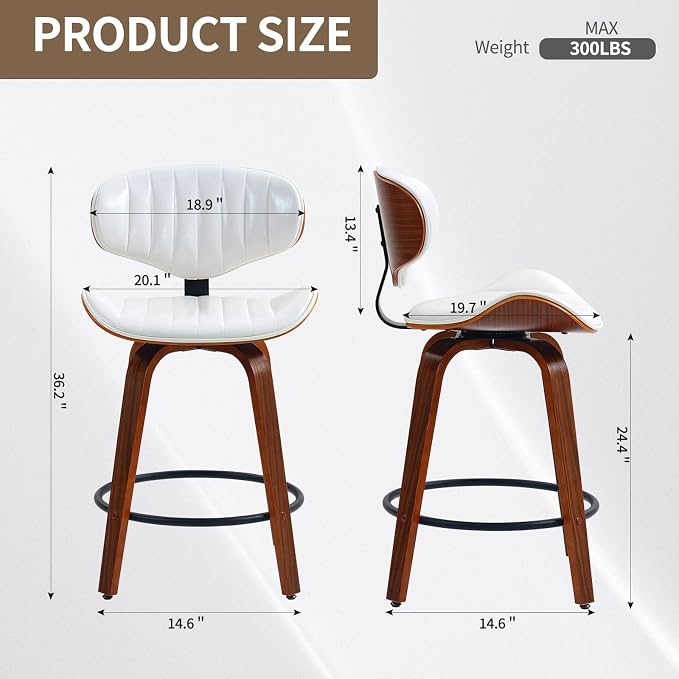 Counter Height Bar Stools Set of 2, 24 inch PU Leather Wooden Bentwood Barstools Swivel Modern Breakfast Bar Chairs with Backrest and Footrest for Kitchen Island, Dining Room D035-White-2