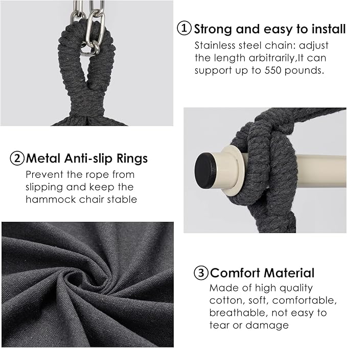 Y- STOP Hammock Chair Hanging Rope Swing Chair, Max 500 Lbs, 2 Seat Cushions Included, Removable Steel Spreader Bar with Anti-Slip Rings, Hardware kit-for Indoor Outdoor(Dark Grey)