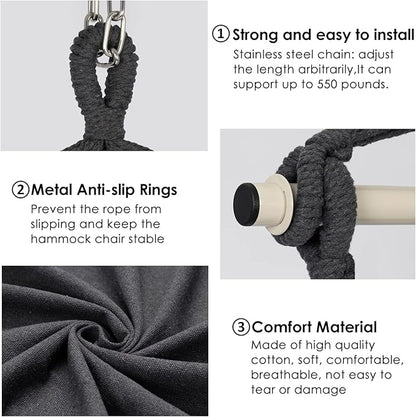 Y- STOP Hammock Chair Hanging Rope Swing Chair, Max 500 Lbs, 2 Seat Cushions Included, Removable Steel Spreader Bar with Anti-Slip Rings, Hardware kit-for Indoor Outdoor(Dark Grey)