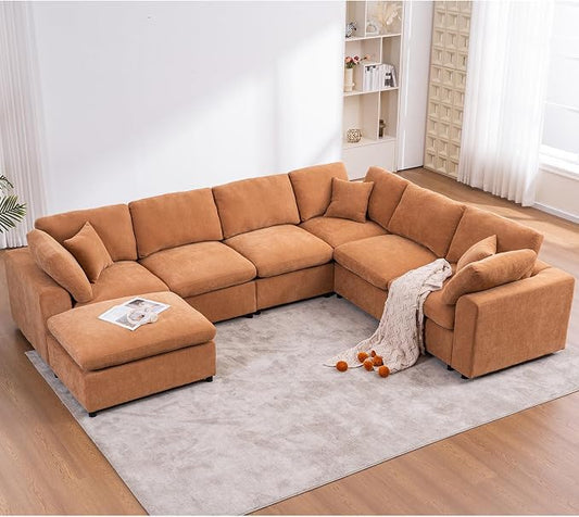 Oversized Modular Sectional Sofa Couch, Large 7 Seater Corner Sofa Modern U Shaped Sectional Couch with Ottoman Cloud Couches for Living Room, Office, Spacious Space, Light Brown