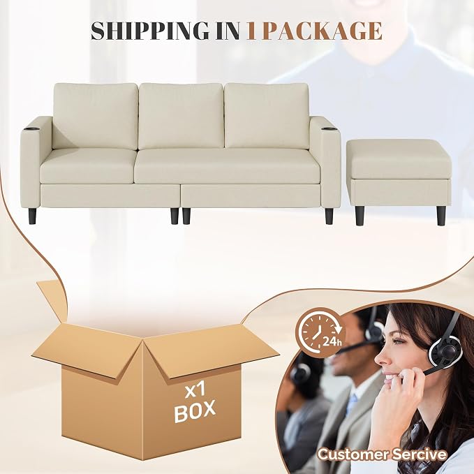 Luxanimarion Upholstered Sectional Sofa and Couches, 78'' L Shaped 3-seat Sofa forLiving Room, Apartment, Lounge,Bedroom-Washable Covers Convertible Sofas(Linen Fabric,Beige