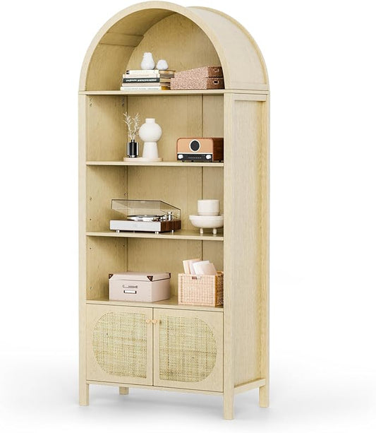 VINGLI 70" Arched Display Cabinet with 5 Shelves, Rattan Storage Cabinet 5 Tier Arched Bookshelf, Wood Tall Bookcases, Sturdy, Stylish for Living Room Bedroom Dining Room Office Study Room, Oak