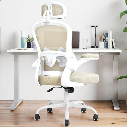 Ergonomic Office Chair,Ultra Thick Spring Cushion Desk Chair,Khaki | Adjustable Lumbar Support and Headrest,Flip-up Arms,Rocking Function,Mesh Home Office Computer Chair