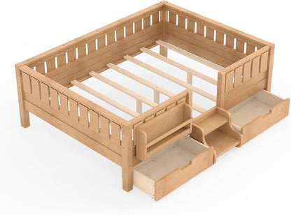 Bellemave Full Size Kids Bed with high Rails and with Built-in Bookshelf and Drawers for Kids, Girls, Boys, Wood Montessori Bed Without Door, Light Natural