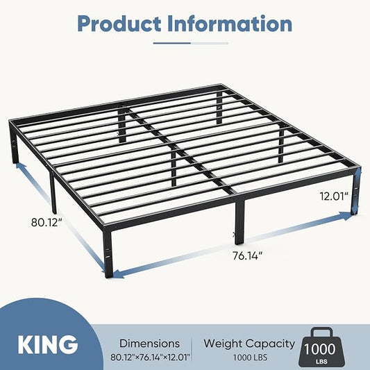 DUMOS King Size 12 Inch Bed Frame - Metal Platform Bed Frame Mattress Foundation with Steel Slat Support, No Box Spring Needed, Storage Space Under Base, Easy Assembly, Black