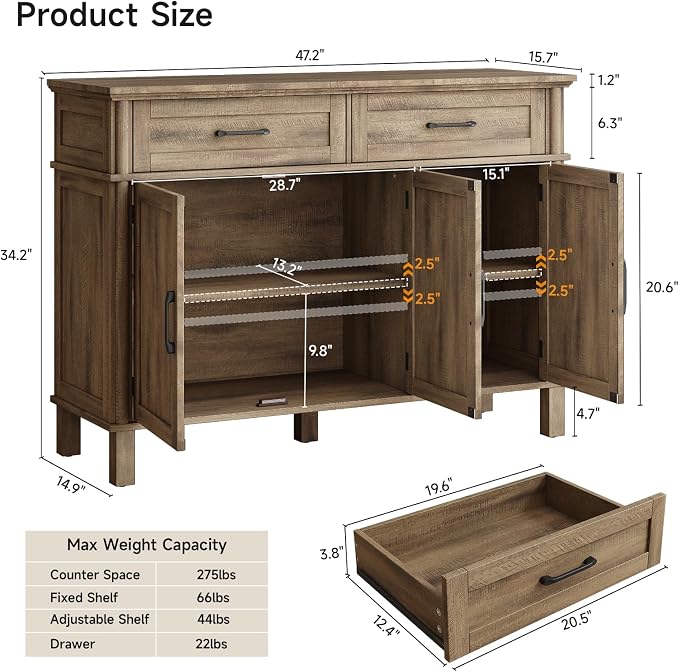 ONBRILL 48 Inch Buffet Cabinet with Storage, Farmhouse Sideboard Buffet w/2 Drawers and 3 Doors, Coffee Bar Cabinet with Adjustable Shelves, Sideboard Storage for Kitchen, Living Room, Washed Grey