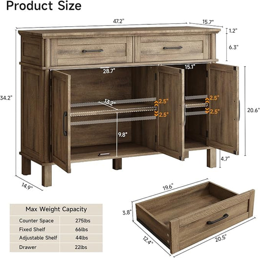 ONBRILL 48 Inch Buffet Cabinet with Storage, Farmhouse Sideboard Buffet w/2 Drawers and 3 Doors, Coffee Bar Cabinet with Adjustable Shelves, Sideboard Storage for Kitchen, Living Room, Washed Grey