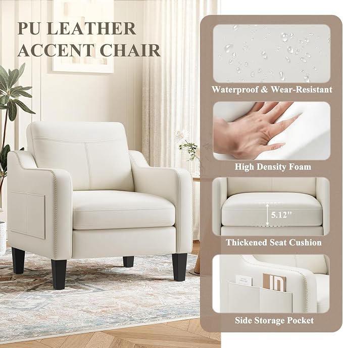 MALOL PU Leather Accent Chair, Mid-Century Modern Living Room Armchair Sofa with Removable Cushions, Solid Wood Frame & Stitched Armrest Design, Bedroom Chair with Plastic Legs, Beige
