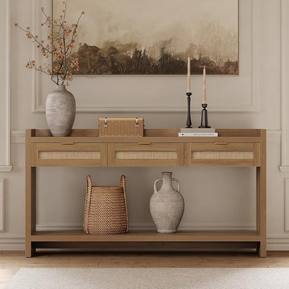 SICOTAS 60" Rattan Console Table for Entryway - Farmhouse Entry Table Sofa Table with 3 Drawers, Narrow TV Console Table with Storage for Living Room, Hallway, Couch, Foyer