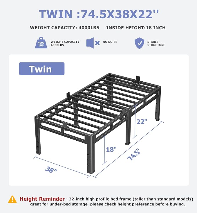 NKZ 22 Inch Twin Size Bed Frame, Metal Bed Frame & Box Spring 2 in 1 Platform with Round Corner Legs, 4000Lbs Heavy Duty Metal Frame, Mattress Slide Stopper, Headboard Hole, Noise-Free, Easy Assembly