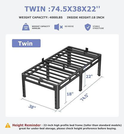 NKZ 22 Inch Twin Size Bed Frame, Metal Bed Frame & Box Spring 2 in 1 Platform with Round Corner Legs, 4000Lbs Heavy Duty Metal Frame, Mattress Slide Stopper, Headboard Hole, Noise-Free, Easy Assembly