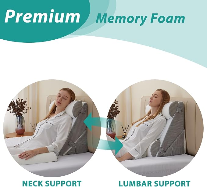 Adjustable 4pcs Bed Wedge Pillow Set, Memory Foam Wedge Pillows Post Surgery for Back, Neck, Leg Pain Relief, Pillow Wedge for Sleeping, Sitting up in Bed, Acid Reflux and GERD, White/Grey