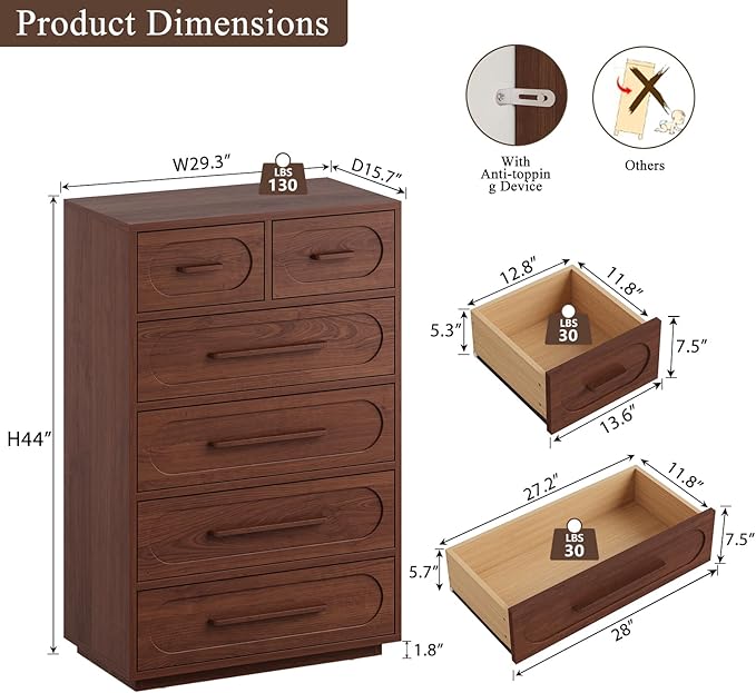 Walnut 6 Drawer Dresser for Bedroom, 44" Tall Dressers & Chest of Drawers with Solid Wood Handle, Wood Storage Dressers Organizer for Bedroom, Living Room