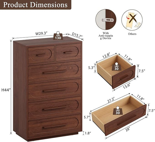 Walnut 6 Drawer Dresser for Bedroom, 44" Tall Dressers & Chest of Drawers with Solid Wood Handle, Wood Storage Dressers Organizer for Bedroom, Living Room