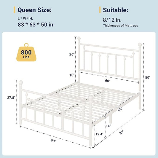 Allewie 14 Inch Queen Size Metal Platform Bed Frame with Victorian Vintage Headboard and Footboard/Mattress Foundation/Under Bed Storage/No Box Spring Needed/Easy Assembly/Noise Free/White