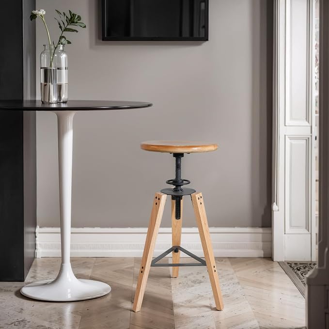 LOKKHAN Adjustable Height Swivel Bar Stool - Industrial Rustic Style, Solid Oak Wood Seat and Frame, 24.8"-28.7", Natural Finish, Anti-Slip Pads - Perfect for Kitchen, Bar, Counter, Home - Heavy Duty
