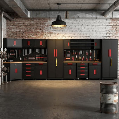 17PCS Garage Cabinets and Storage System with Corner Cabinet, Garage Storage Cabinet System,Cabinet Drawers, Workbench, Pegboard for Tool Organization, Red Black