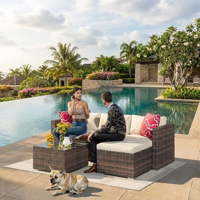 5-Piece Outdoor Sectional Sofa Set, Outdoor Patio Set Sectional Sofa, All-Weather PE Rattan Patio Furniture with Ottoman & Tempered Glass Table for Garden, Backyard, Porch, Poolside (Brown/Beige)