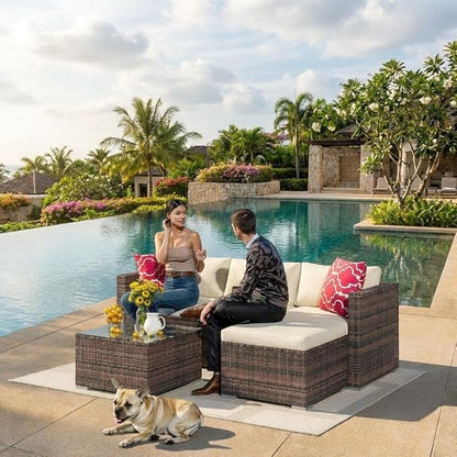5-Piece Outdoor Sectional Sofa Set, Outdoor Patio Set Sectional Sofa, All-Weather PE Rattan Patio Furniture with Ottoman & Tempered Glass Table for Garden, Backyard, Porch, Poolside (Brown/Beige)