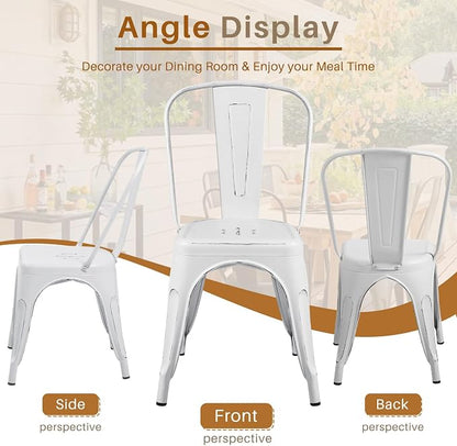 Furmax Metal Dining Chair Indoor Outdoor Use Stackable Chic Side Classic Trattoria Metal Chairs Set of 4 for Kitchen, Dining Room, Bistro and Cafe (Distressed White)
