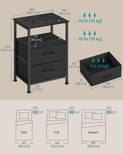 SONGMICS Nightstand, Bed Side Table, End Table with 2 Drawers and 1 Open Shelf, Industrial, Set of 2, Ink Black, BELLAH Collection ULGS062B101S
