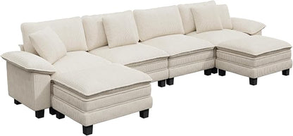 PHI VILLA Cloud Modular Couch Sets, 157.5" Oversized Large Sectional Sofa with U-Shaped Chaise, 6-Seater Couches with Movable Ottomans for Living Room, Corduroy Beige