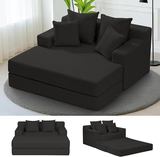 cidludto Convertible Futon Sofa Bed with Ottoman, 5 in 1 Folding Couch Bed Loveseat, Corduroy Boneless Couch with Deep Seat for Living Room Chaise Lounge Chair Indoor, No Assembly Required, Black