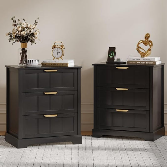 ChooChoo Black Nightstand Set of 2, 3 Drawer Night Stand with Charging Station, Larger Bedside Table with USB-C Port, Modern End Table with Storage for Bedroom