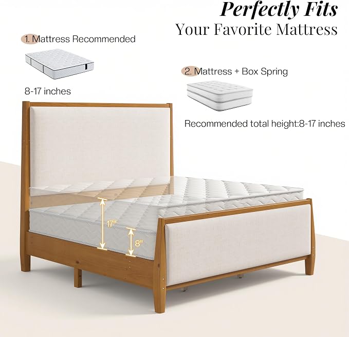 Jocisland 58" Tall Solid Wood California King Size Bed Frame with Upholstered Headboard & Footboard, Wooden Platform Bedframe, No Box Spring Needed, Easy Assembly, Modern Farmhouse Style, Walnut