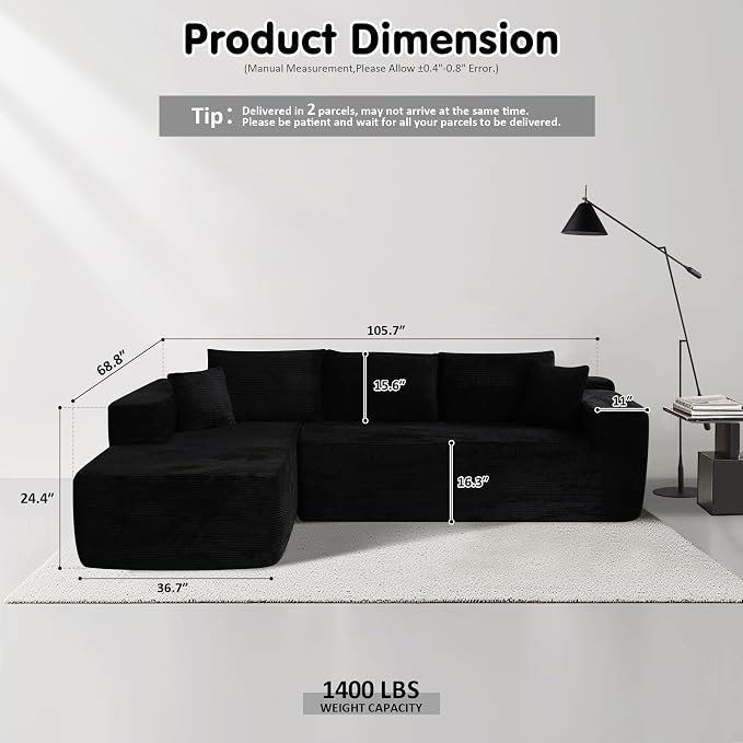 ovios 104" Cloud Boneless Couch with L-Shape Chaise,Modern Sectional Modular Sofa with Deep Seat, Upholstered Couches for Living Room Bedroom,No Assembly Required, Black (Corduroy Fabric)