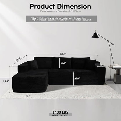 ovios 104" Cloud Boneless Couch with L-Shape Chaise,Modern Sectional Modular Sofa with Deep Seat, Upholstered Couches for Living Room Bedroom,No Assembly Required, Black (Corduroy Fabric)