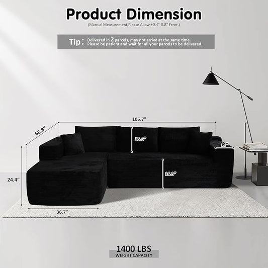 ovios 104" Cloud Boneless Couch with L-Shape Chaise,Modern Sectional Modular Sofa with Deep Seat, Upholstered Couches for Living Room Bedroom,No Assembly Required, Black (Corduroy Fabric)