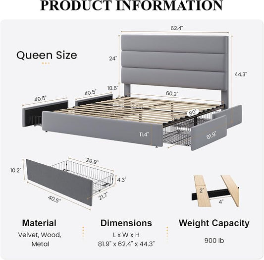 SHA CERLIN Queen Size Platform Bed Frame with 4 Storage Drawers, Velvet Upholstered Headboard, Mattress Foundation with Wooden Slats Support, No Box Spring Needed, Easy Assembly, Grey