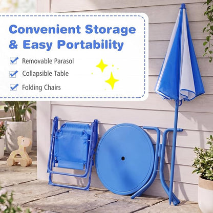 Costzon Kids Picnic Table, Kids Outdoor Table with 2 Folding Chairs, Height Adjustable Umbrella, Portable Children Outdoor Furniture for Patio, Garden, Backyard (Blue Ocean)