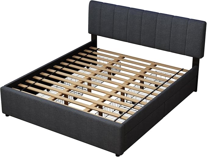 King Size Upholstered Platform Bed with 4 Storage Drawers | 4 Storage Drawers, USB/Type-C Charging,APP-Controlled LED Lights,No Box Spring Needed,Dark Grey Linen Fabric,Easy to Assemble