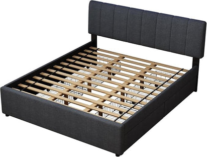 King Size Upholstered Platform Bed with 4 Storage Drawers | 4 Storage Drawers, USB/Type-C Charging,APP-Controlled LED Lights,No Box Spring Needed,Dark Grey Linen Fabric,Easy to Assemble