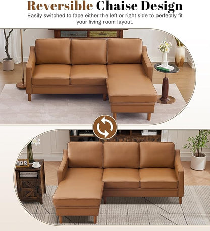 Kingfun 88" L-Shape Sofa, Faux Leather Sectional Couch, Mid Century Modern Couches with Solid Wood Frame for Living Room Bedroom