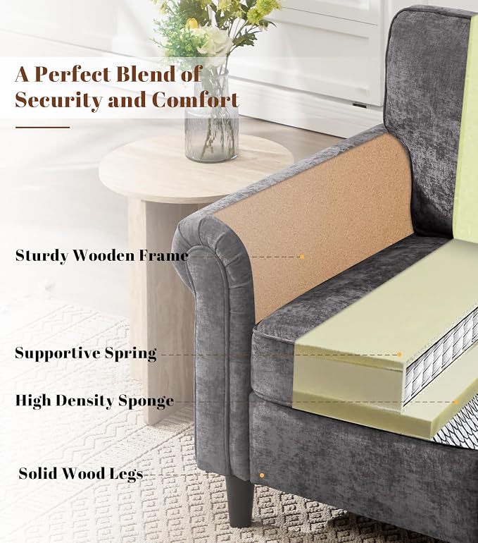 Kingfun Loveseat 2 & 3 Seater Couch with Chair, Mid Century Modern Chenille Sofa Set with Rolled Arms and Deep Seats, Fluffy Comfort for Living Room, Apartment, Easy Assembly, Grey