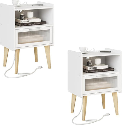 MMEOLUOOK Nightstand with Charging Station, Bedside Tables, End Table Side Table with 2 Tiers Storage Space, for Bedroom, Living Room, White MLBZ07WE-2