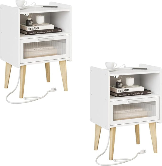 MMEOLUOOK Nightstand with Charging Station, Bedside Tables, End Table Side Table with 2 Tiers Storage Space, for Bedroom, Living Room, White MLBZ07WE-2