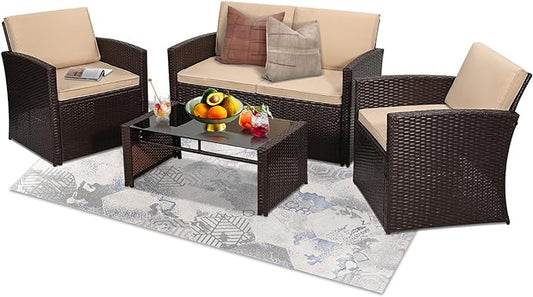 KROFEM 4-Piece Patio Furniture Set, Wicker Outdoor Rattan Sectional Sofa with Cushions and Glass Table, All-Weather Outdoor Conversation Set for Garden, Porch, Backyard, Patio, Beige
