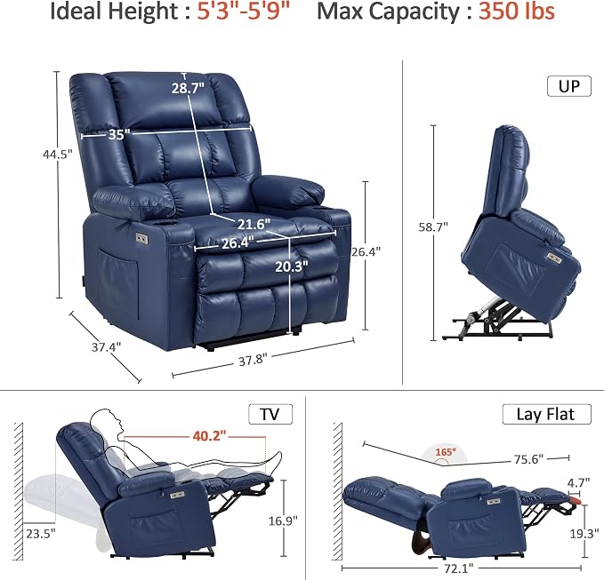 MCombo Extra Wide Dual Motor Power Lift Recliner Chair for Elderly, Zero Gravity Lift Chair with Heat and Massage, Infinite Position Recliners, USB Ports, Faux Leather R7897 (Medium-Wide, Blue)