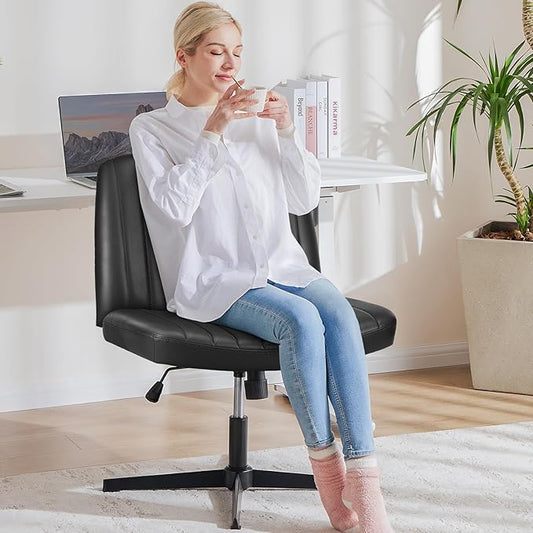 OLIXIS Criss Cross Legged Chairs No Wheels, Wide Seat Height Adjustable Swivel Chair,Padded PU Leather Armless Desk Chair for Home Office Bedroom, Student, Study Room,Black-Pu