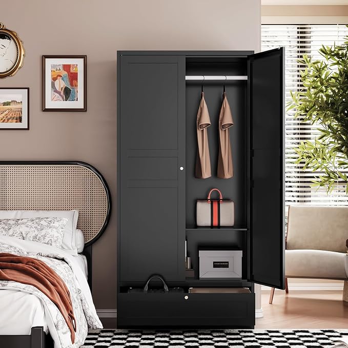 Letaya Metal Wardrobe Cabinets,18" Deep Clothing Storage Cabinet with Doors and Shelves,for Home Room,Fire Department, School, Employee,Gym,Government (Black)